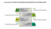 Event planning business plan template with four steps in green and gray blocks, each containing captions and icons.