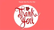 Handwritten thank you text in red with a floral accent, centered on a white circle against a coral background.