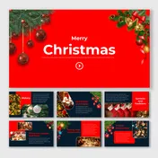 Christmas PowerPoint template with festive decorations, red background, and holiday themed slides.