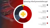 Spinning wheel-themed slide in red colour with a vibrant chart and four captions areas placed in a white background.