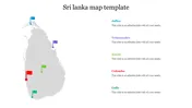 Map of Sri Lanka in gray with five colored flags marking locations, linked to corresponding text areas on the right.