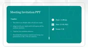 Meeting invitation slide displaying event details and text caption on a teal background.