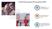 Two overlapping images of twins, one of older girls and one of babies, with three icons and text on the right.