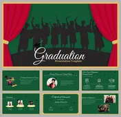 Graduation-themed slide deck with a green background and red curtains with silhouettes of graduates.