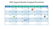 August 2022 calendar template with colored boxes for days of the week and icons marking special days.