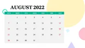 Calendar for August 2022, with Sundays highlighted in red, set against a backdrop of overlapping colorful shapes.