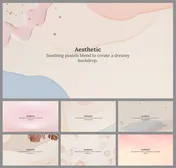 A slide featuring soft pastel backgrounds with abstract shapes and textures, each with a central theme of aesthetics.