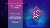 A purple gradient left panel with text and molecule icon in a diamond shape, all set on a blue chemistry themed background.