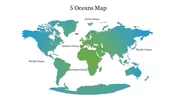 Color coded world map highlighting the five major oceans pacific, atlantic, arctic, southern, and indian.