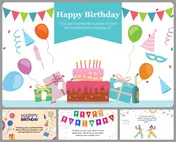 Festive birthday slides showing a multi layered cake, balloons, gifts, and colorful flags with celebration accessories.