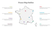 Map of France highlighting major cities with colored markers and text boxes, including Paris, Bordeaux, and Nice.