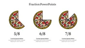 Three pizza diagrams representing fractions, showing each pizza with toppings like mushrooms and tomatoes with caption areas.