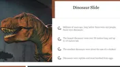 Slide with a dinosaur image on the left and four key facts listed on the right by an icon.