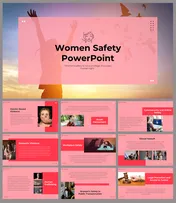 Slide pack on women safety with text, icons, and photo placeholders in grid layout with pink and red accents.