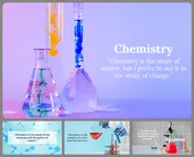 Chemistry themed slides with beakers and test tubes holding blue, yellow, and green liquid on a purple gradient background.