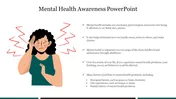 Slide on mental health awareness featuring an illustration of a person in distress and bullet points with key mental health.