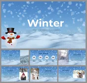 Winter themed slides with snow covered hills, falling snowflakes, and a cheerful snowman and title text.