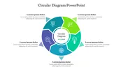 Circular diagram PowerPoint slide with five multicolored segments, each containing an icon and a text box around the center.