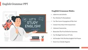 Grammar slide with a teacher illustration and a list of key grammar rules on a white background.