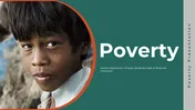 Slide deck highlighting child poverty in hexagonal layouts, with green and orange accents.