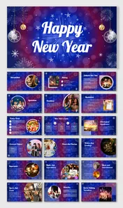 Festive New Year slides with colorful backgrounds, fireworks, celebration visuals, and sections for traditions and events.