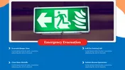 Emergency evacuation slide with a green exit sign and fire symbol, outlining four action steps with text on a blue backdrop.