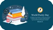 World poetry day slide featuring books, a quill, and an inkwell graphic, with a text description on a blue backdrop.