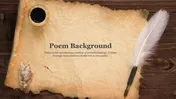 A pack of vintage poem background slides featuring a parchment and feather quill on a wooden surface.