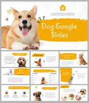 A pack of dog themed slides with sections on dog breeds, training, care, and adoption with text descriptions.