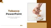 Tobacco themed slide pack with images of cigarettes, health effects, addiction, and regulatory information in brown tones.