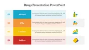 Presentation on drugs with four colored sections for Alcohol, Pills, Cocaine, Tablets with icons.