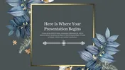 Dark gray presentation slide with blue floral decorations and a golden border framing the title and caption text area.