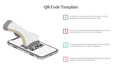 Illustration of a barcode scanner reading a QR code on a smartphone screen with four numbered text boxes on the right.