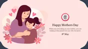 Illustration of a mother hugging a child, surrounded by hearts and flowers with text, on a pale pink background.