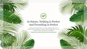 Slide with a nature-themed background featuring lush green leaves framing a central quote and text area with an icon.