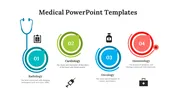 Four circular icons in blue, green, teal, and red, each labeled with medical icons and captions.