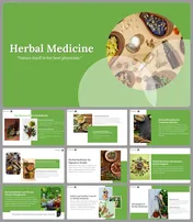 Herbal medicine slide deck showing images of herbs, remedies, and health benefits, with a light green background,